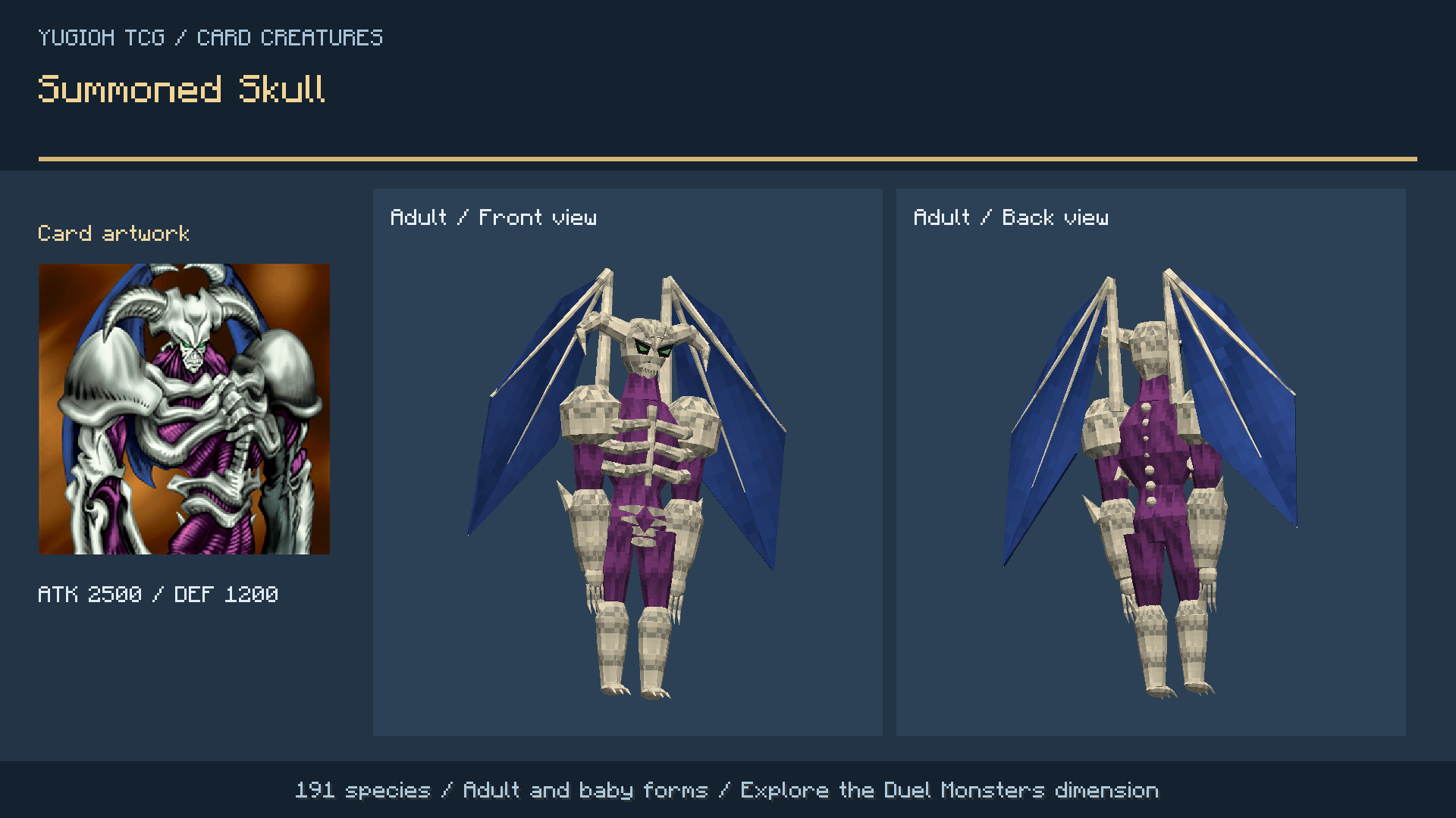 Summoned Skull: card artwork and the adult mob viewed from the front and back.