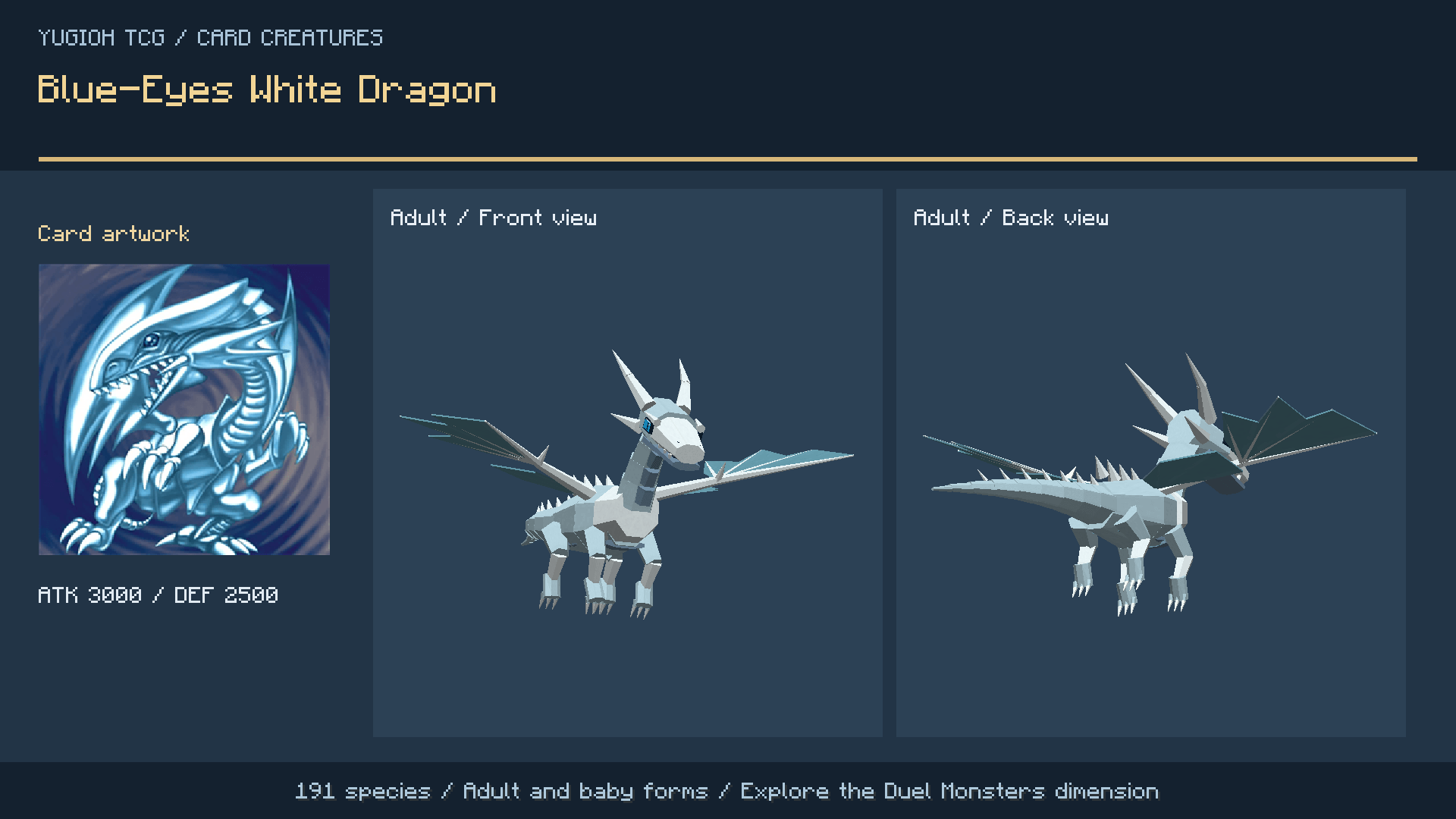 Blue-Eyes White Dragon: card artwork and the adult mob viewed from the front and back.