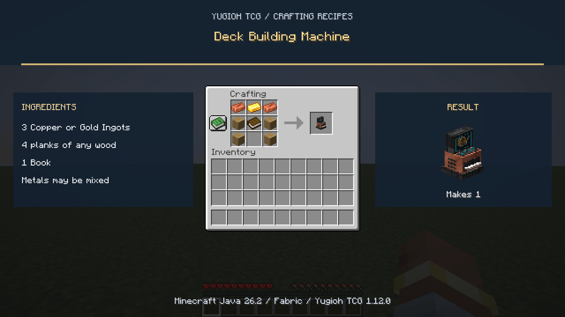 Deck Building Machine crafting recipe with a Book in the center.