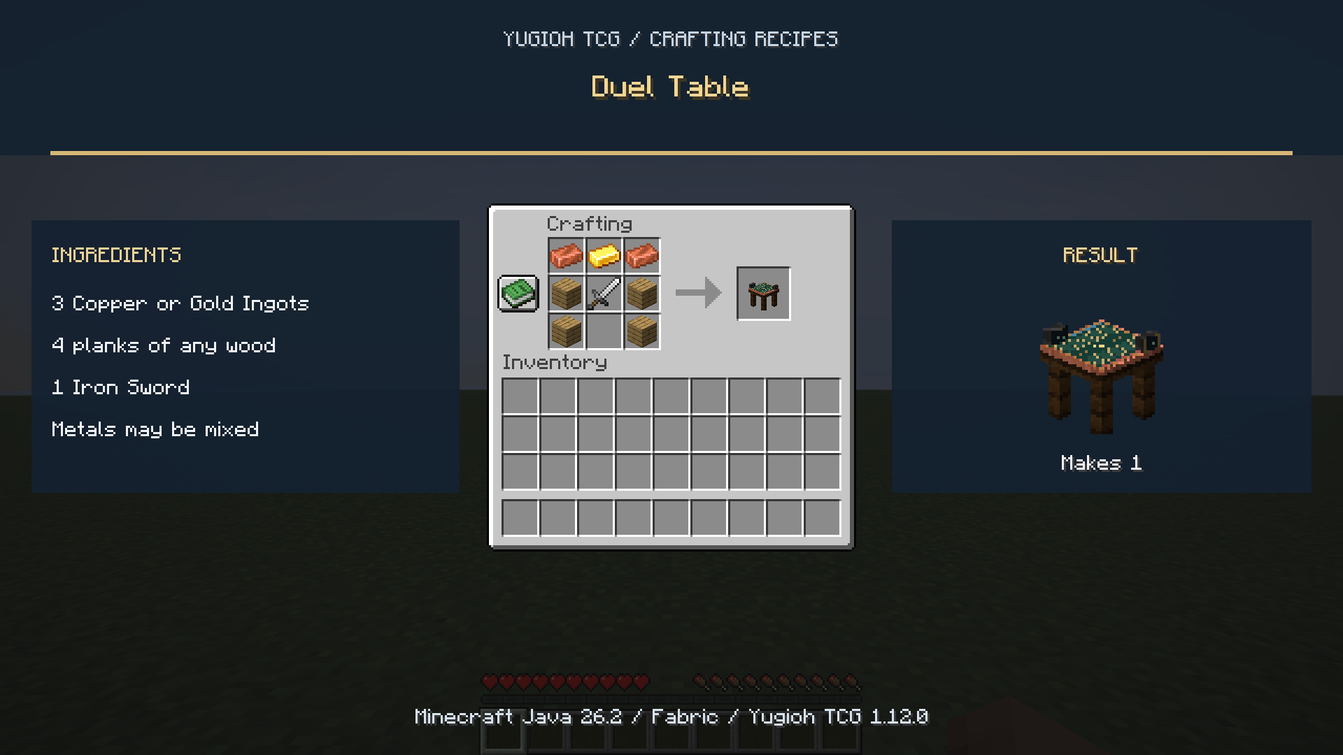 Duel Table crafting recipe with an Iron Sword in the center.