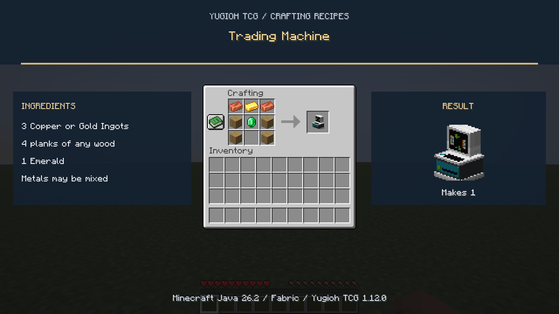 Trading Machine crafting recipe with an Emerald in the center.