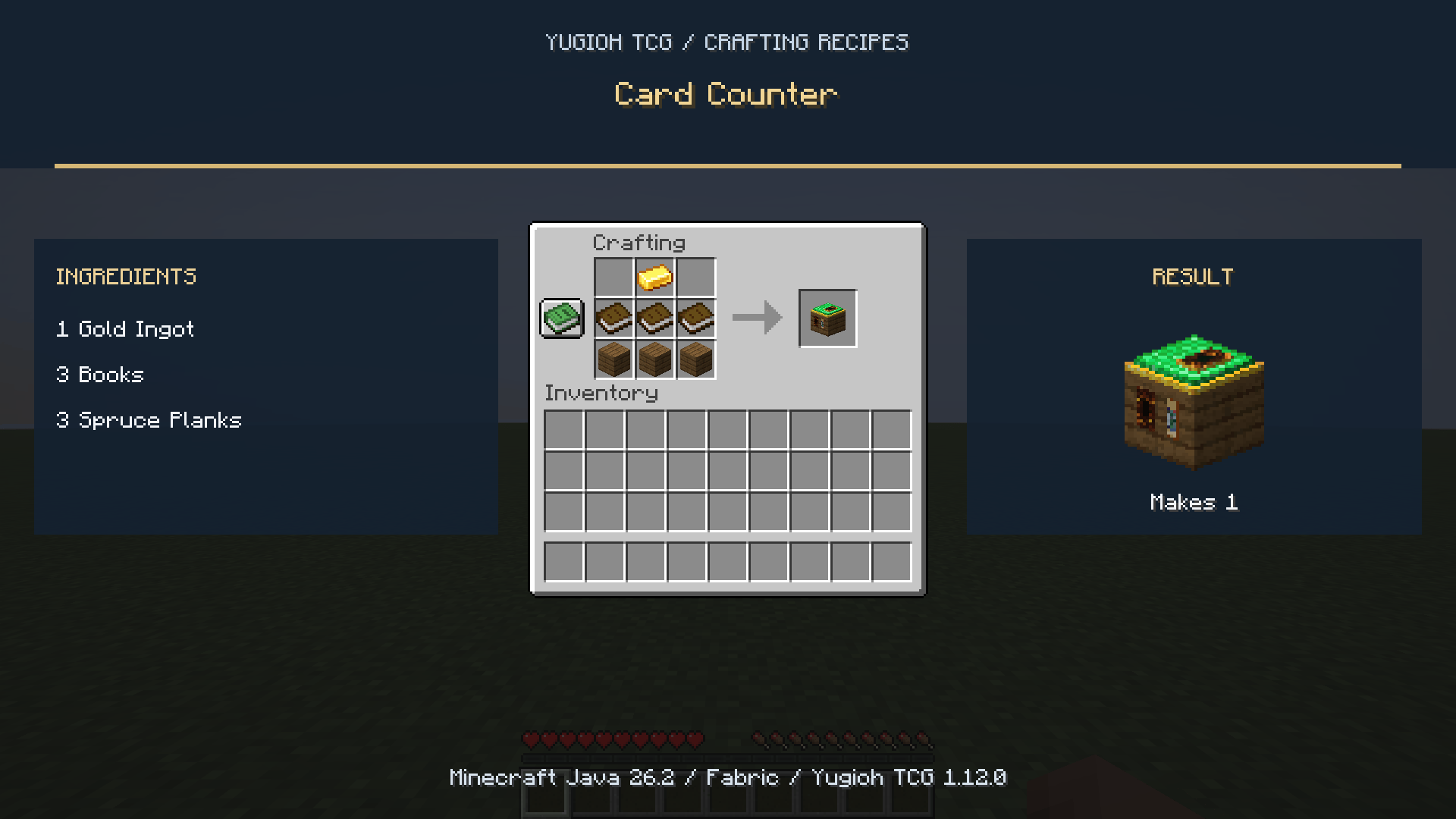 Card Counter recipe: a Gold Ingot above three Books and three Spruce Planks.