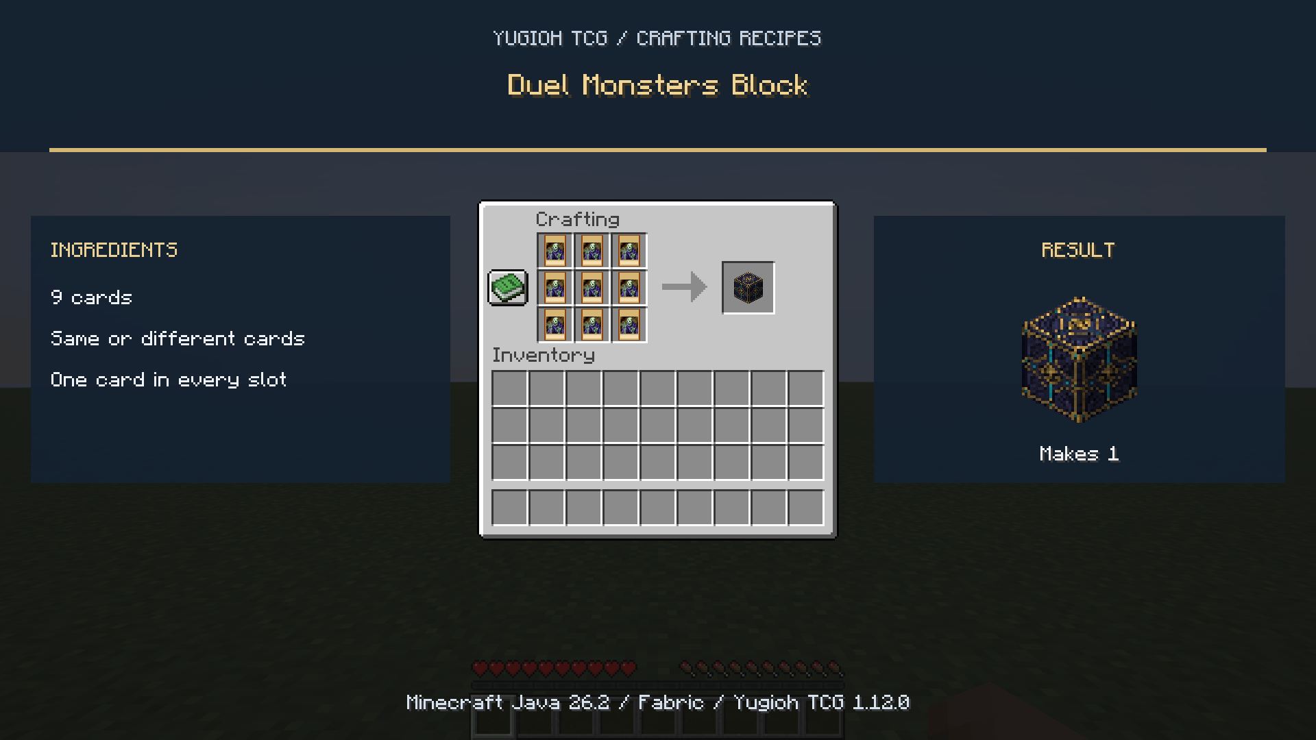 Duel Monsters Block crafting recipe using nine cards.