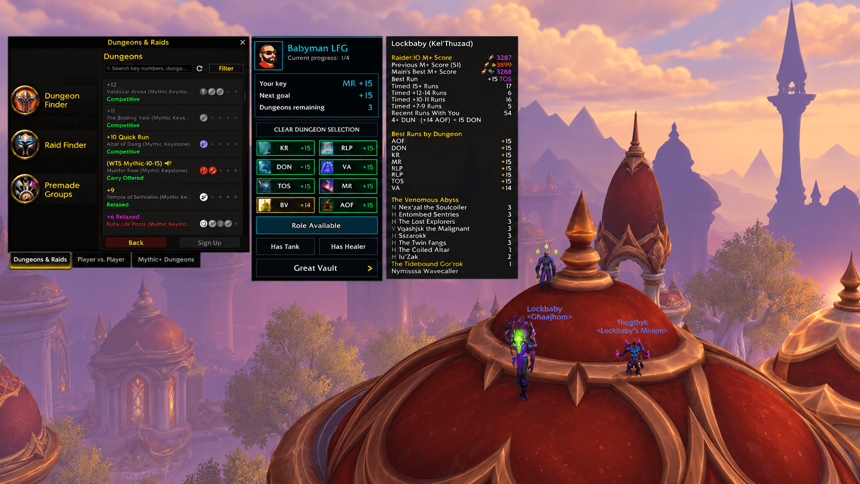 A compact Mythic+ filter panel that sits beside Blizzard’s Group Finder and works cleanly alongside Raider.IO.