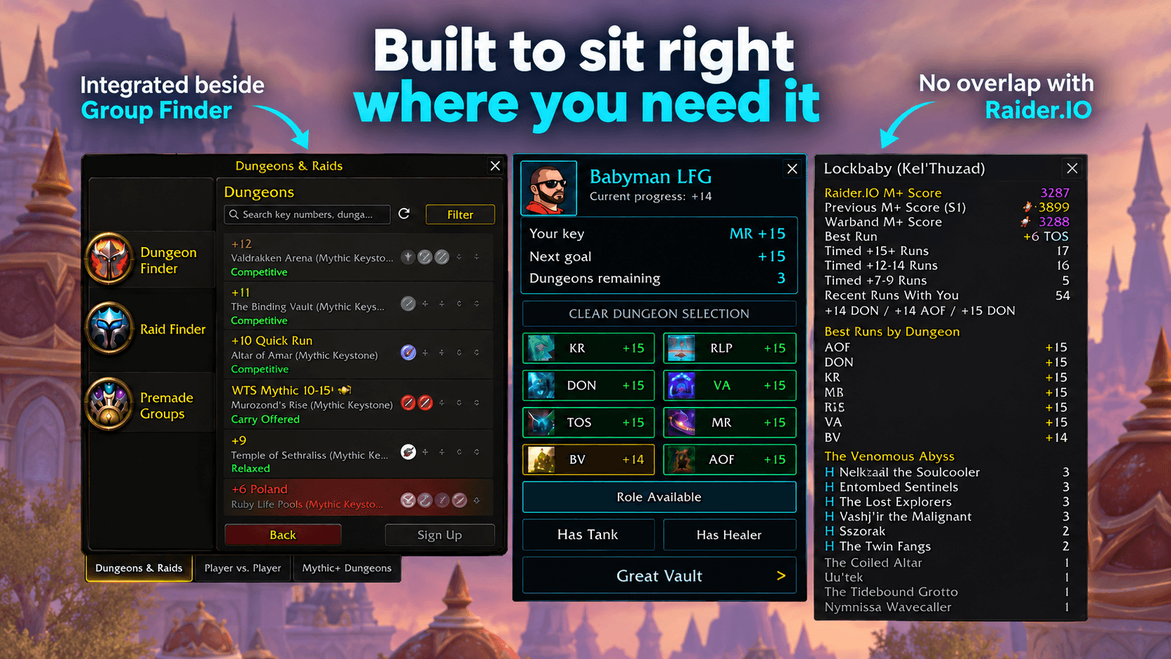 Designed to fit naturally beside Blizzard’s Group Finder without replacing your normal Mythic+ workflow.