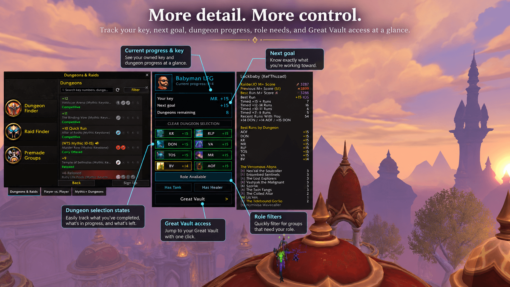 Thumbnail Track your current key, next Resilient goal, dungeon progress, role needs, and Great Vault access at a glance.