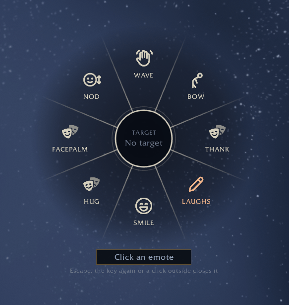 Press your key and the wheel opens at the mouse. Click an emote to perform it.