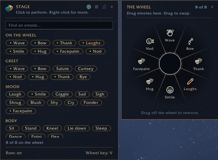 Thumbnail Every emote in groups with search. Drag emotes onto the wheel beside it to choose your eight.