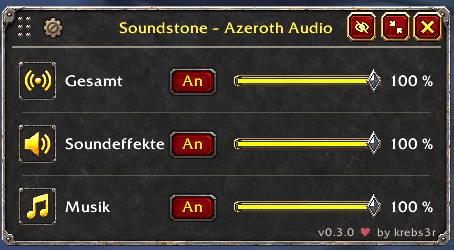 Thumbnail In-game screenshot: TBC Anniversary 2.5.6.69795, Soundstone 0.3.0, German interface. Master volume, sound effects and music controls.