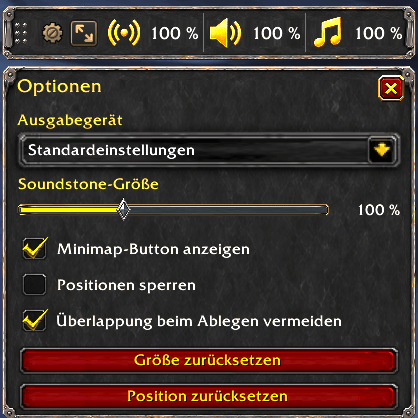 Thumbnail In-game screenshot: TBC Anniversary 2.5.6.69795, Soundstone 0.3.0, German interface. Audio device, size and positioning options; addon scale 100%.