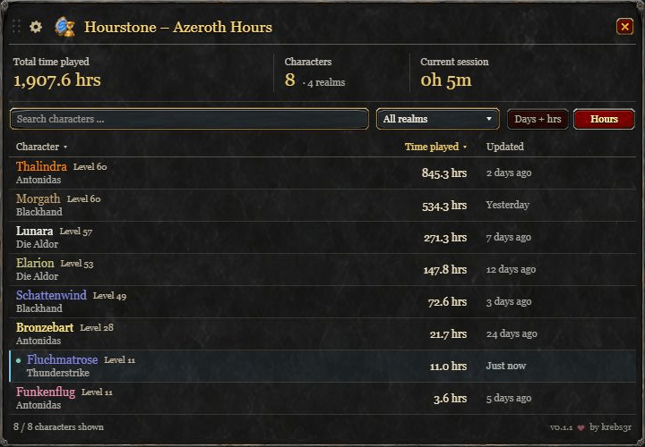 Classic interface with playtime in hours