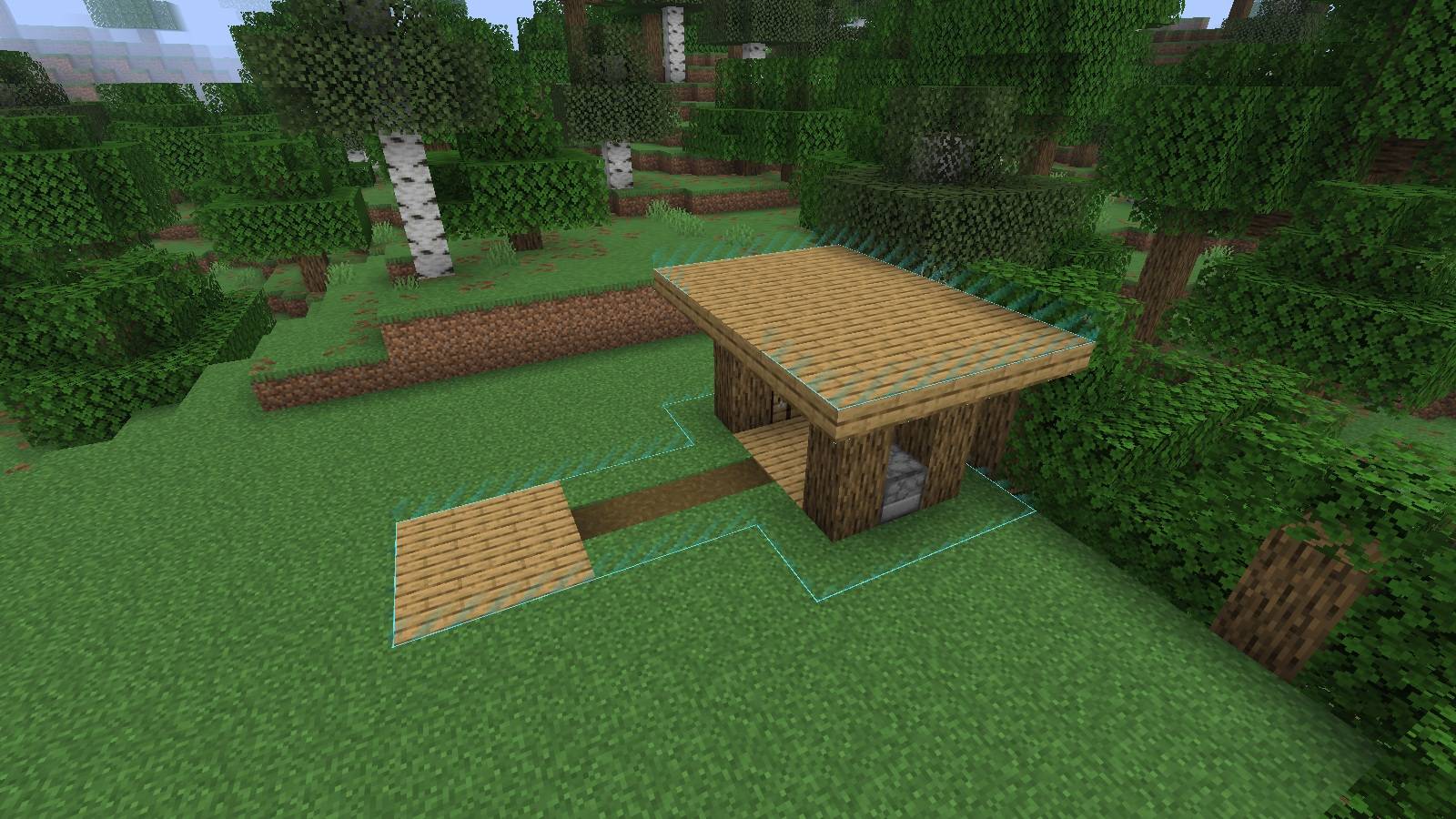 A 3 × 3 start expanded into a path and a small camp. Actual Minecraft 26.2 screenshot from a staged demonstration world. The cyan border color is customizable.