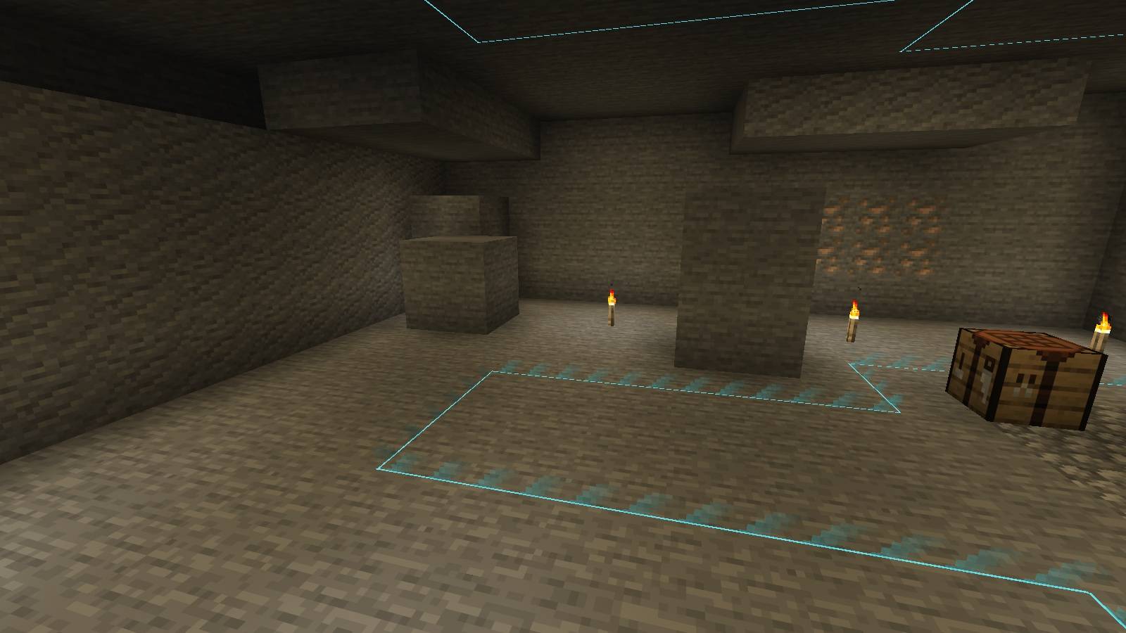 Unlocked columns continue underground. Low borders and floor and ceiling contours show the area. Actual Minecraft 26.2 screenshot from a staged cave demonstration.
