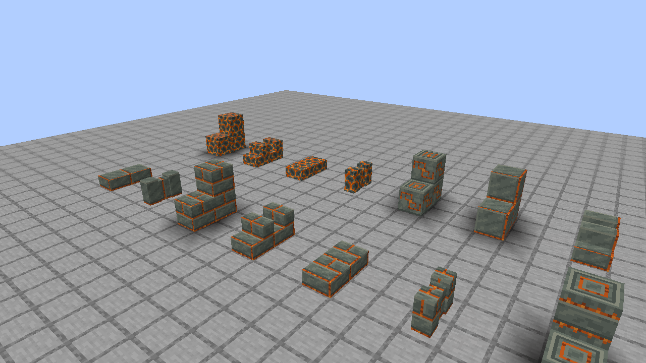Raw, polished, brick and chiseled Ashen Tuff blocks with matching stairs, slabs and walls.