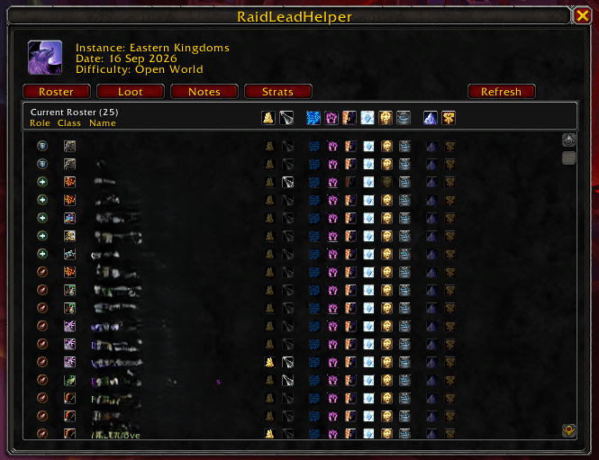 Thumbnail Roster tab screenshot showing the roster role, class and buff tracking.