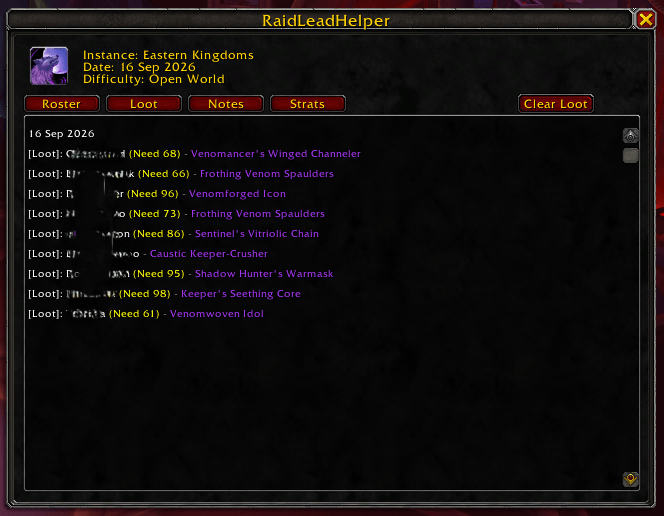 Thumbnail Screenshot showing the loot page, with looted items visible alongside need rolls.