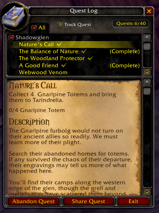 Quest log.