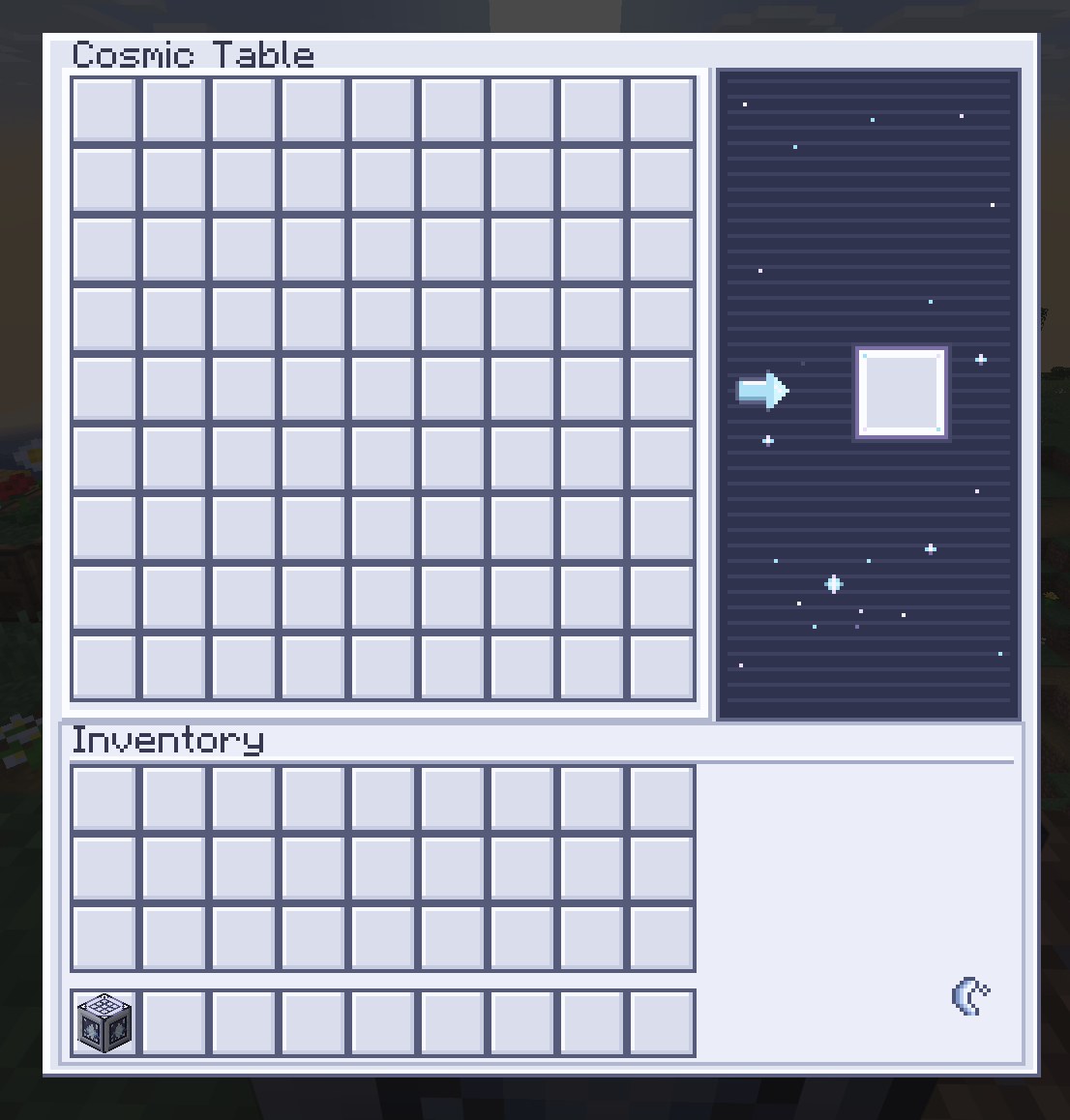 The Cosmic Table expands traditional crafting with a massive 9×9 crafting grid, designed for large and complex recipes beyond the limits of a standard Crafting Table.