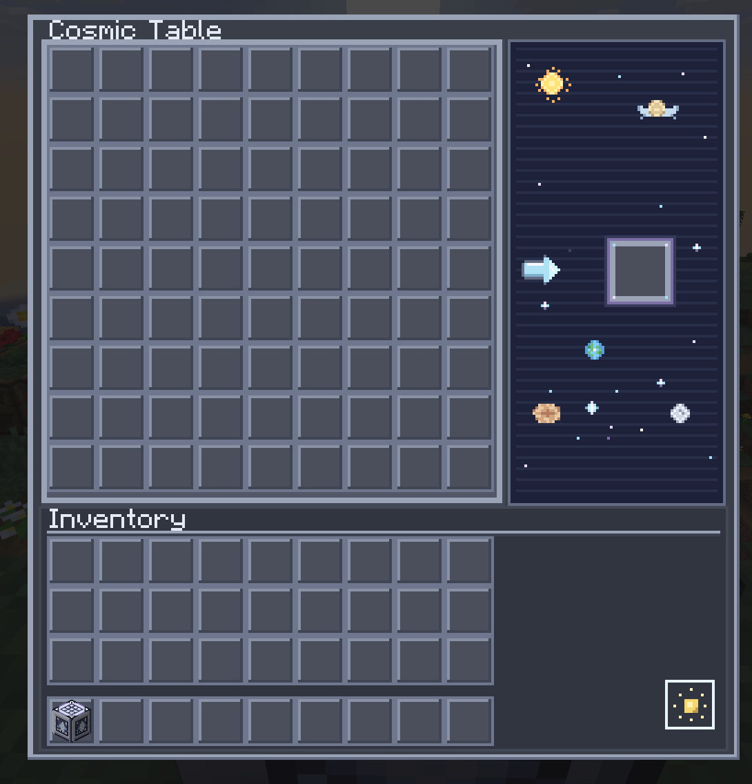 The Cosmic Table interface in its dark theme, featuring the full 9×9 crafting grid with a cosmic-inspired visual style.