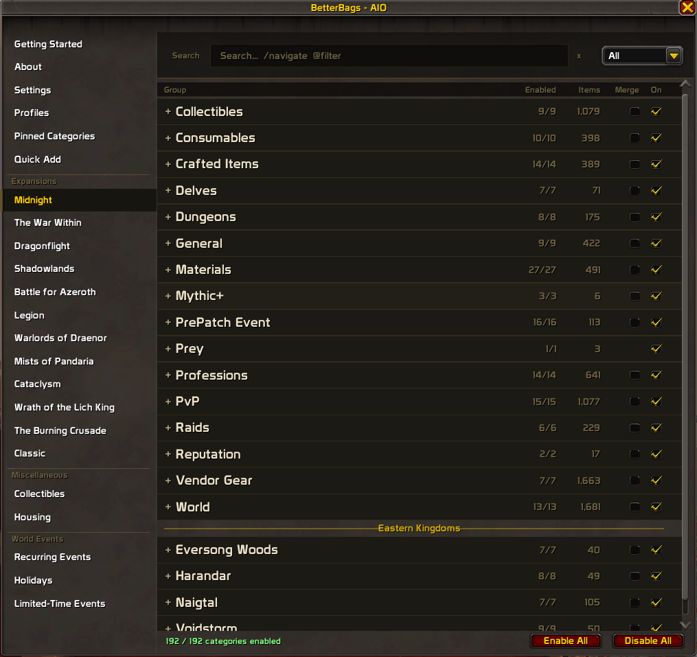 BetterBags AIO Option Sidebar View