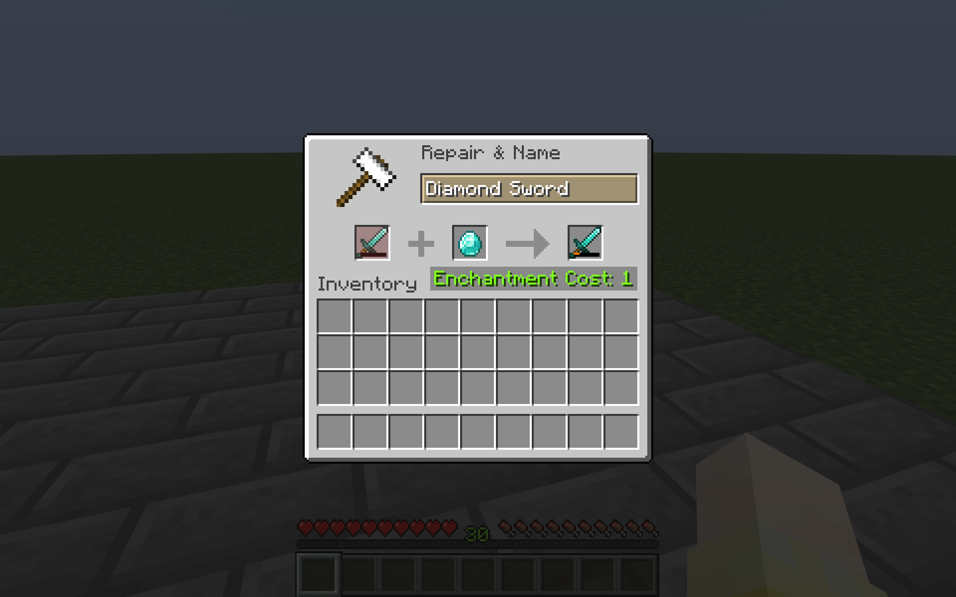 Repairing the diamond sword in an anvil