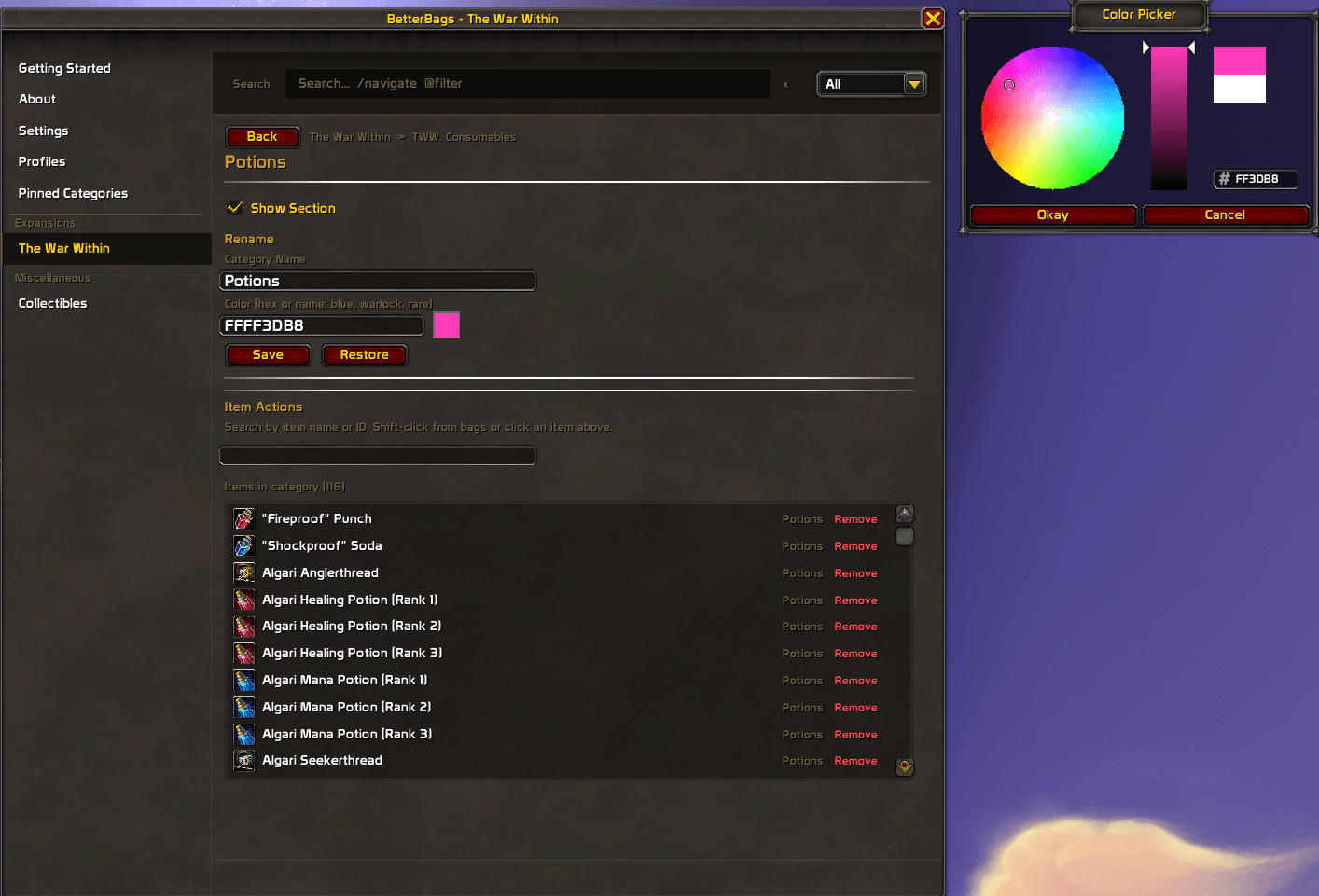 BetterBags TheWarWithin Colour Picker