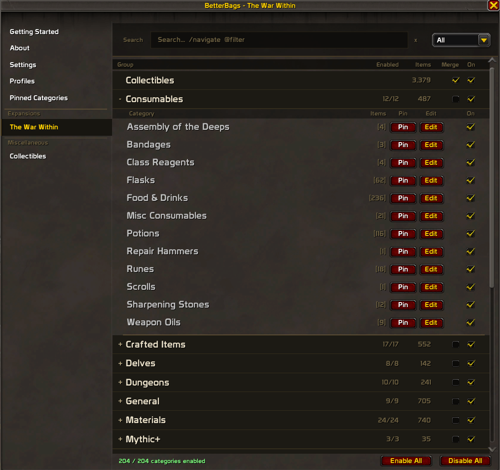 BetterBags TheWarWithin Option Merge View