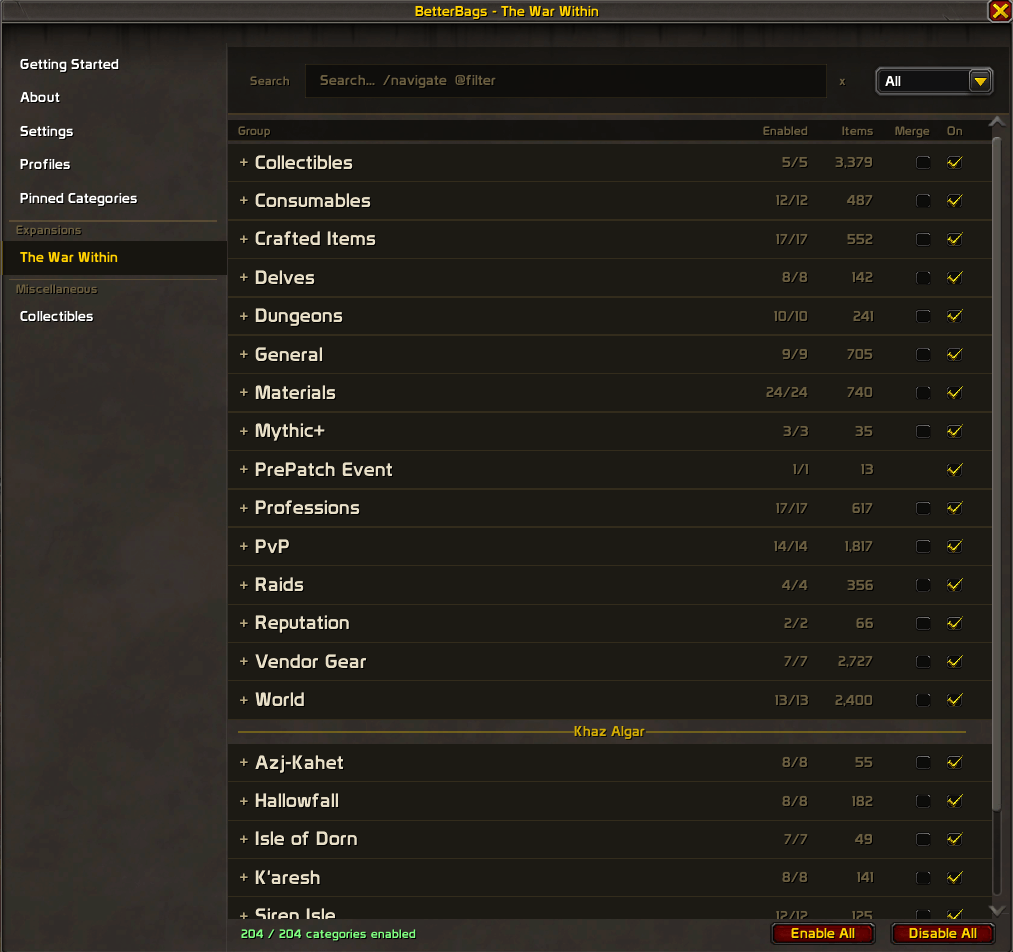 BetterBags TheWarWithin Option Sidebar View