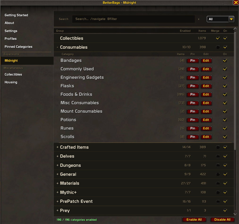 BetterBags Midnight Option Merge View