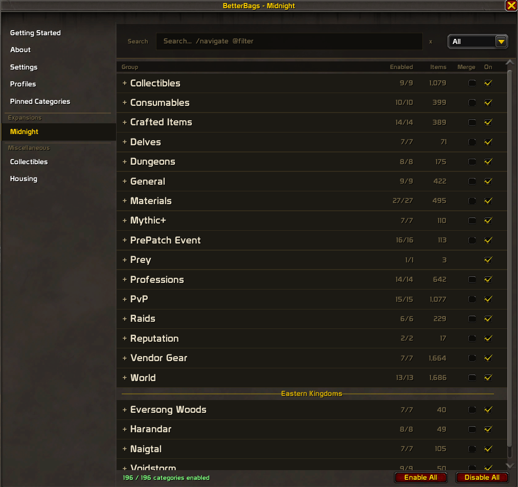 BetterBags Midnight Option Sidebar View
