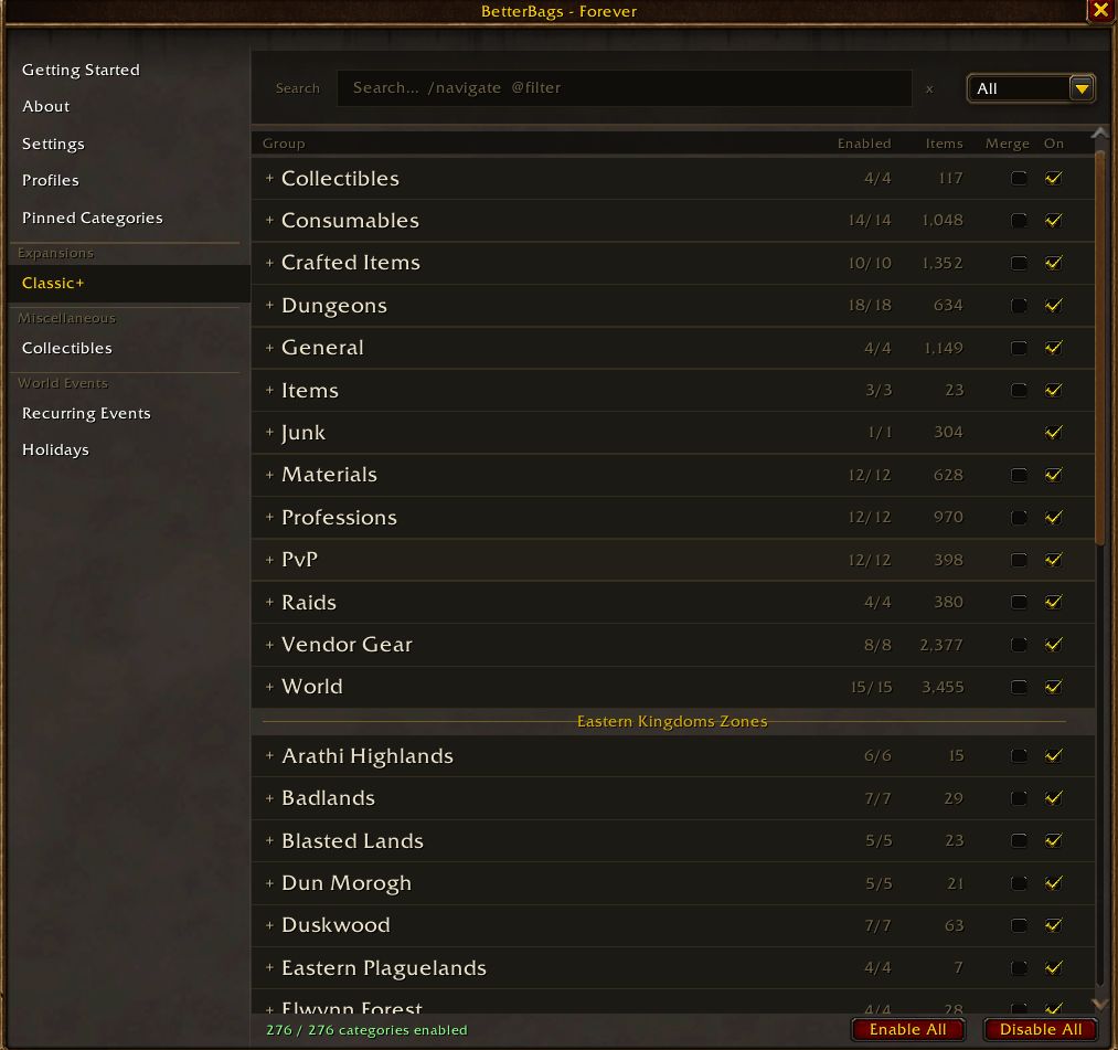 BetterBags Forever Option Sidebar View