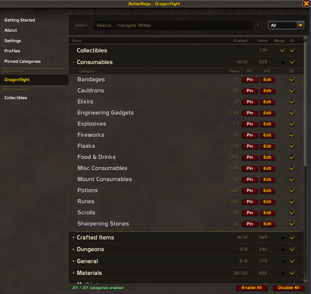 BetterBags Dragonflight Option Merge View