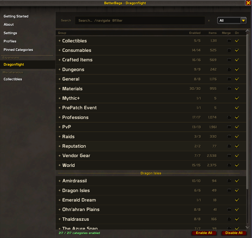BetterBags Dragonflight Option Sidebar View