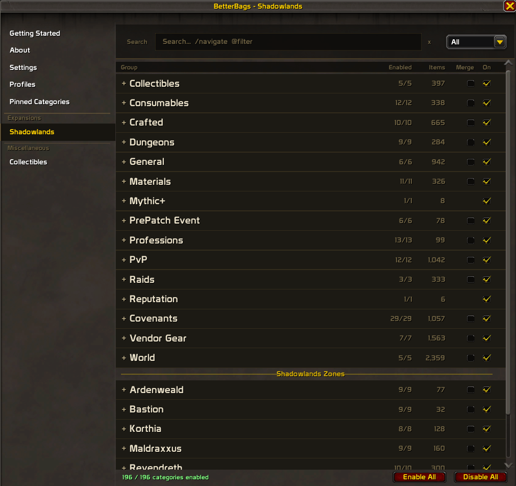 BetterBags Shadowlands Option Sidebar View