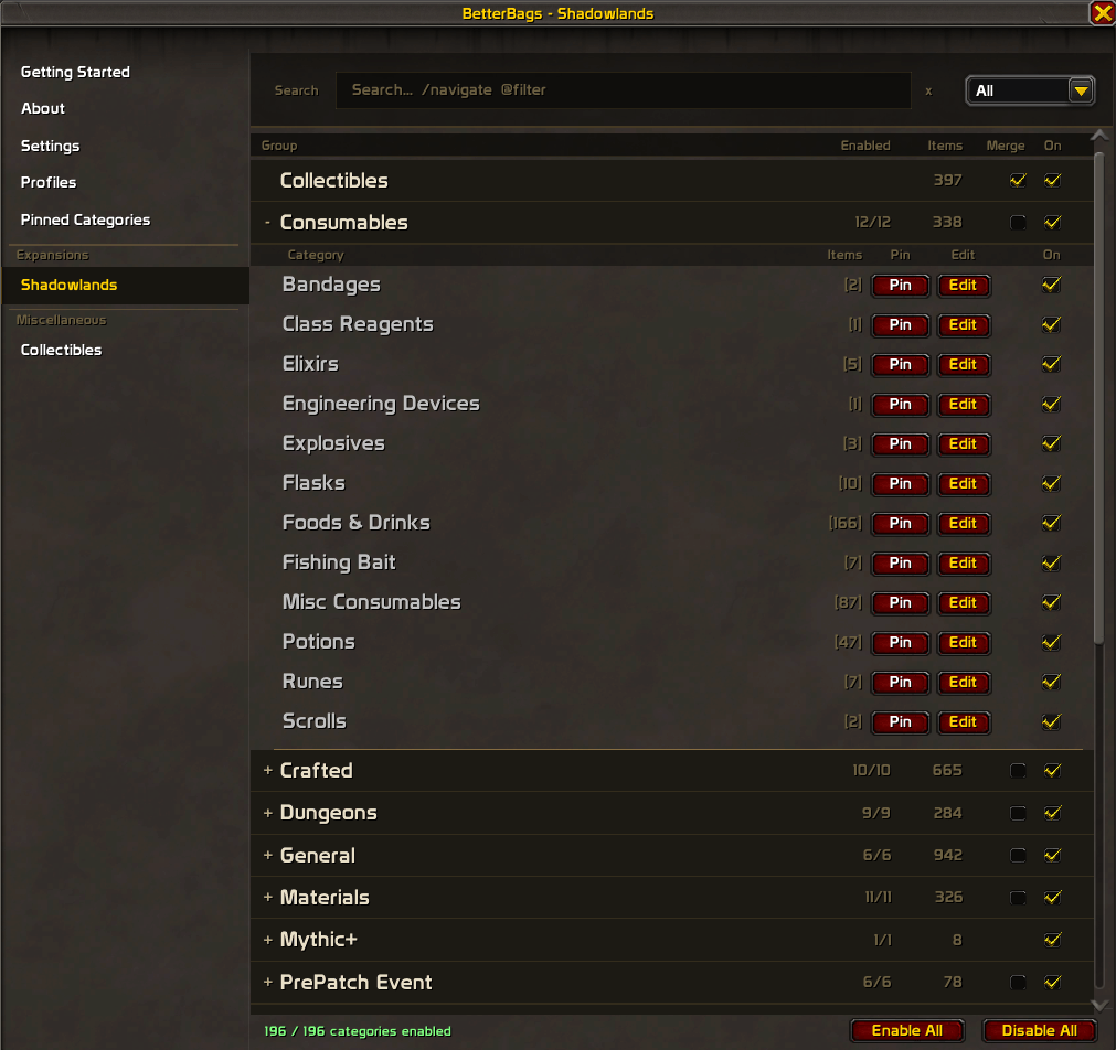 BetterBags Shadowlands Option Merge View