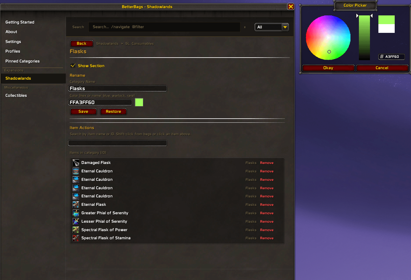BetterBags Shadowlands Colour Picker
