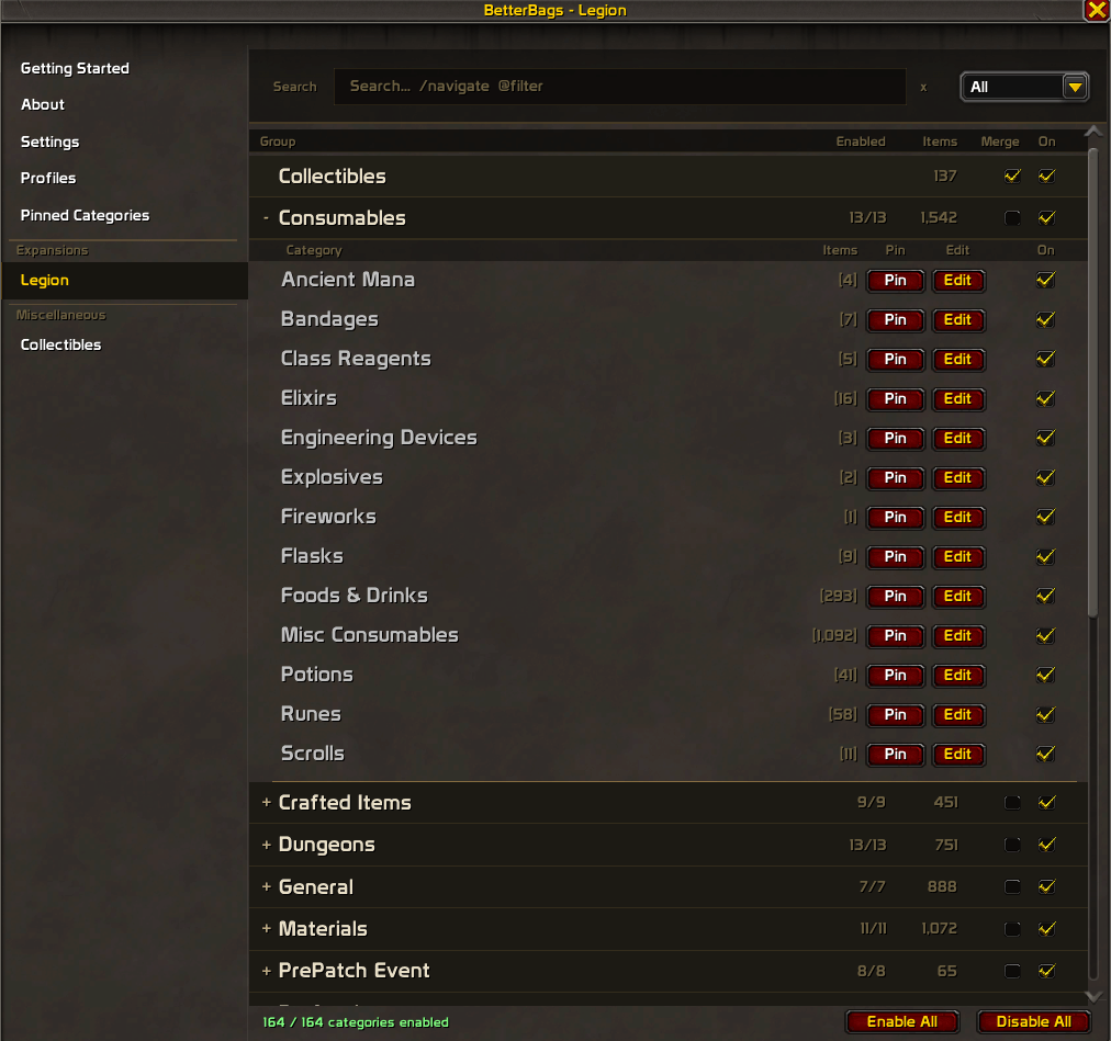 BetterBags Legion Option Merge View
