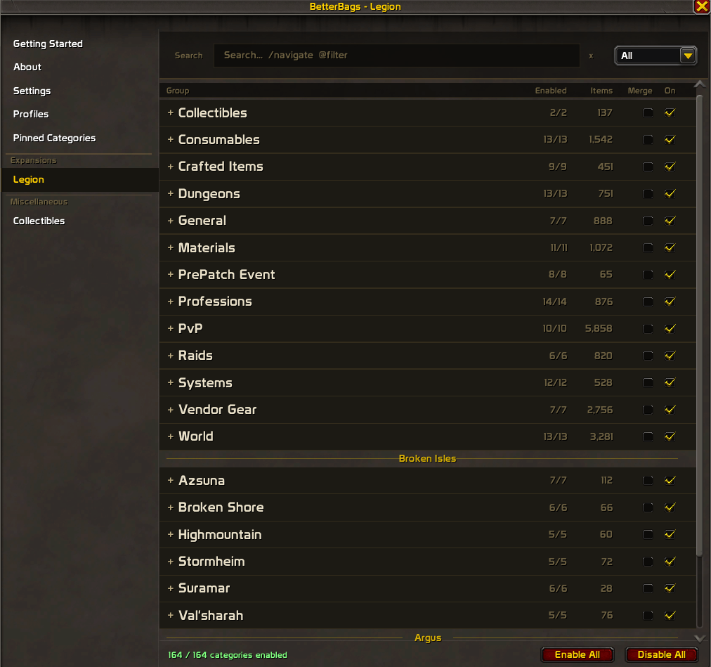 BetterBags Legion Option Sidebar View