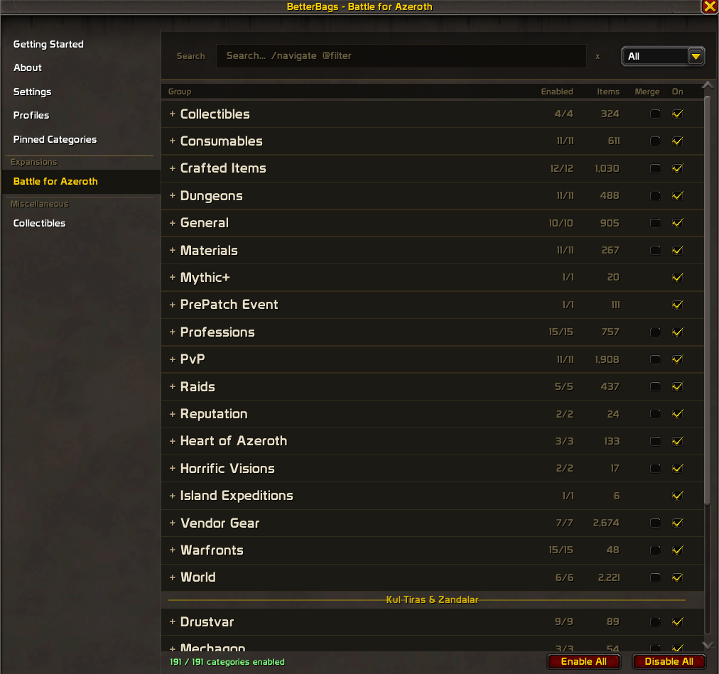 BetterBags BFA Option Sidebar View