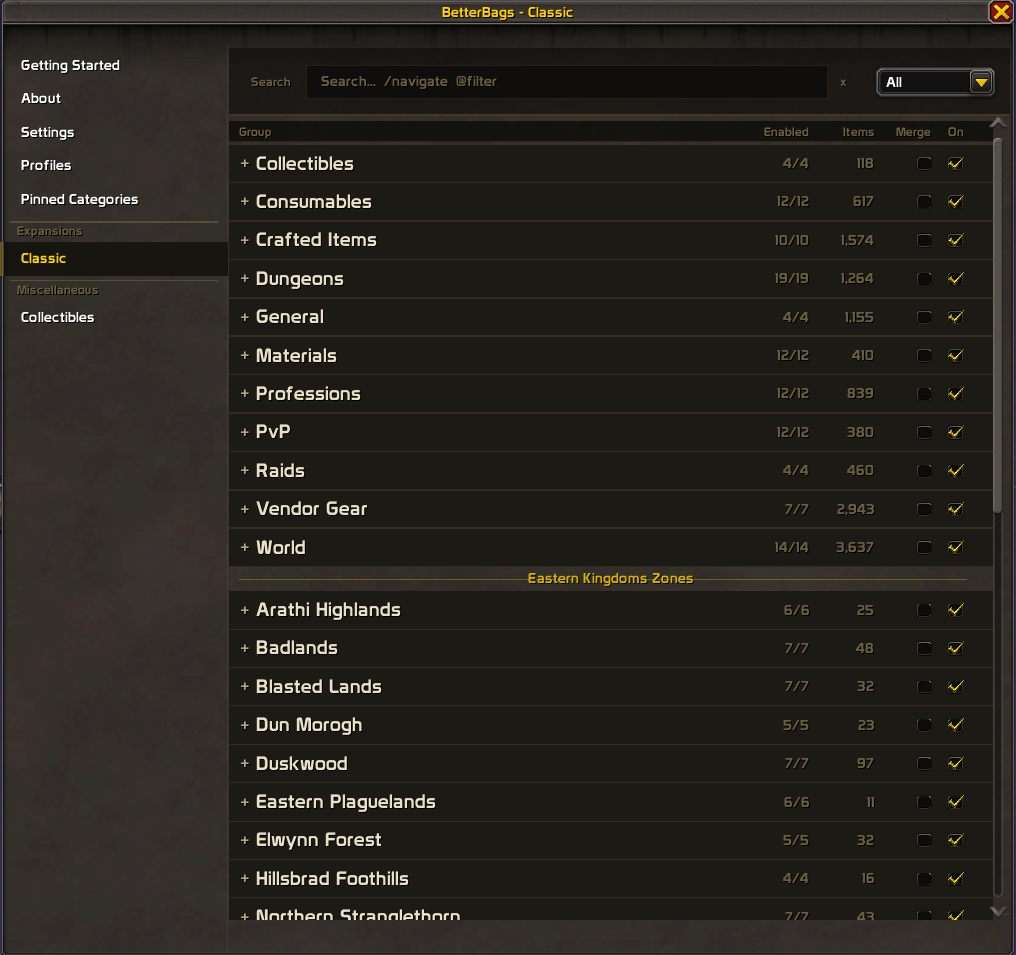 BetterBags Classic Option Sidebar View