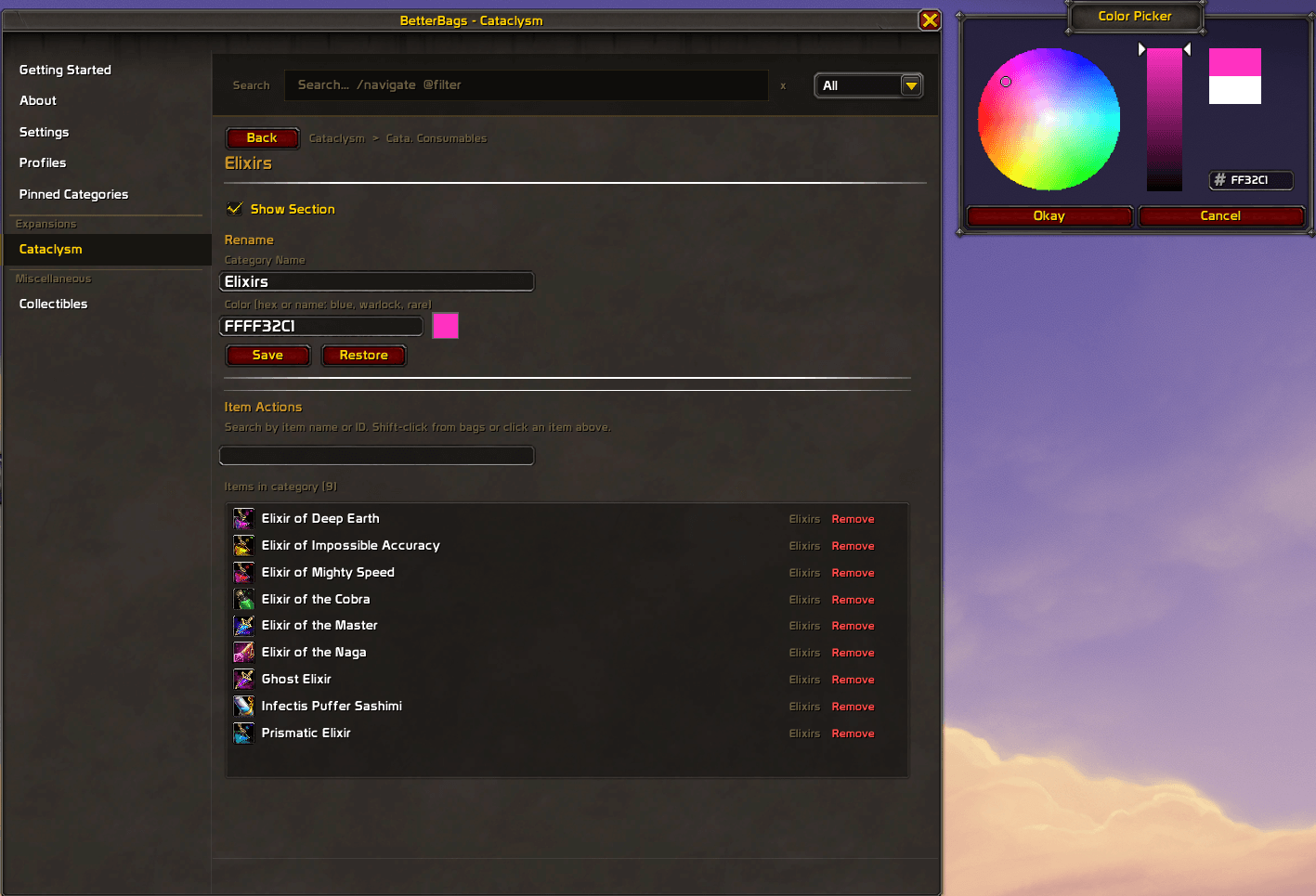 BetterBags Cataclysm Colour Picker