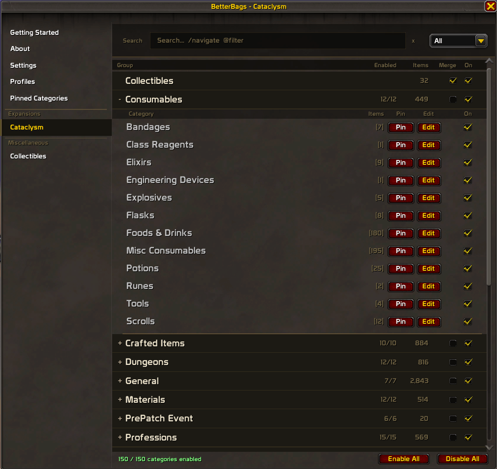 BetterBags Cataclysm Option Merge View