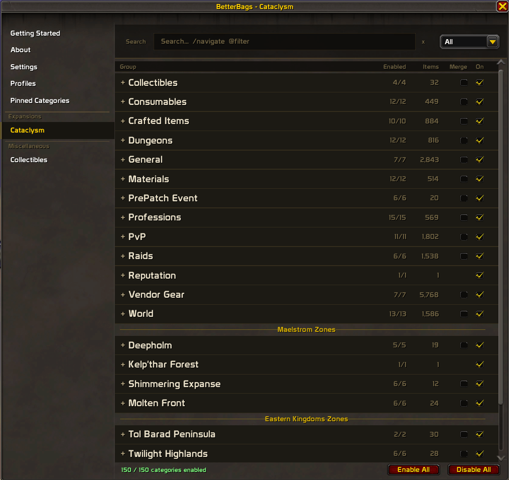 BetterBags Cataclysm Option Sidebar View
