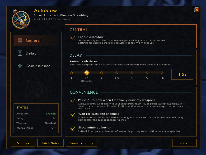 Custom settings interface with adjustable sheathing delays, convenience options, and real-time status information.