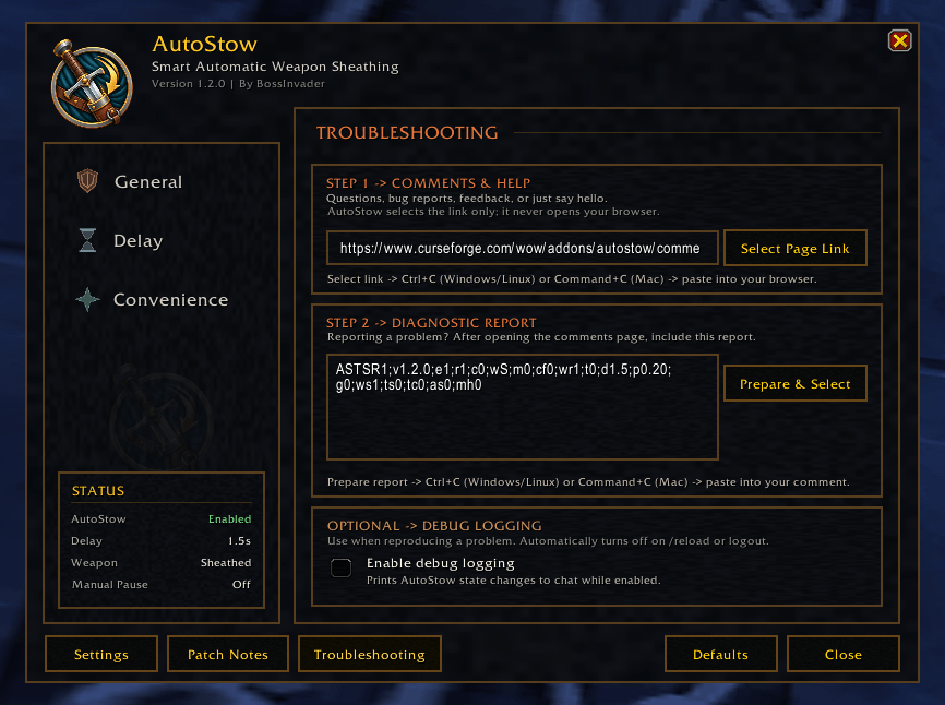 Built-in support tools for reporting issues, generating diagnostic reports, and enabling temporary debug logging.