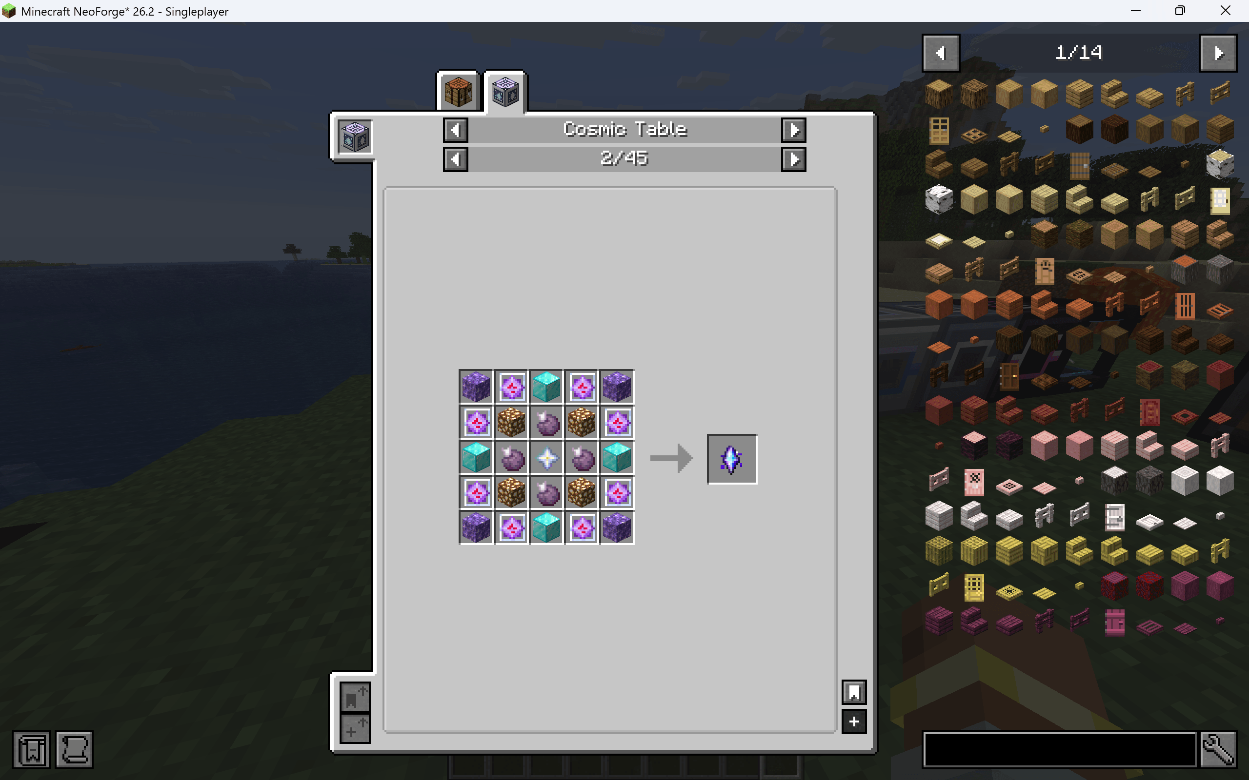 Thumbnail A large custom recipe from an unreleased mod I'm currently developing, shown here to demonstrate how Cosmic Table handles crafting patterns beyond the limits of a standard 3×3 Crafting Table.