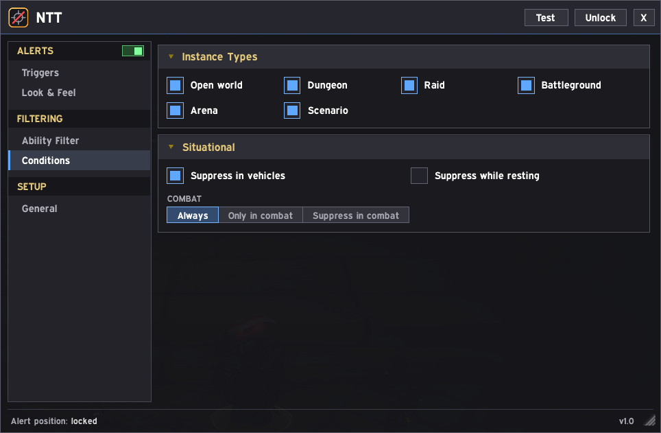 Thumbnail Change where you want these alerts to be played. Blacklist certain zone types, or suppress in a vehicle or while you're in a city (resting). Also has combat conditions - though its designed for combat.
