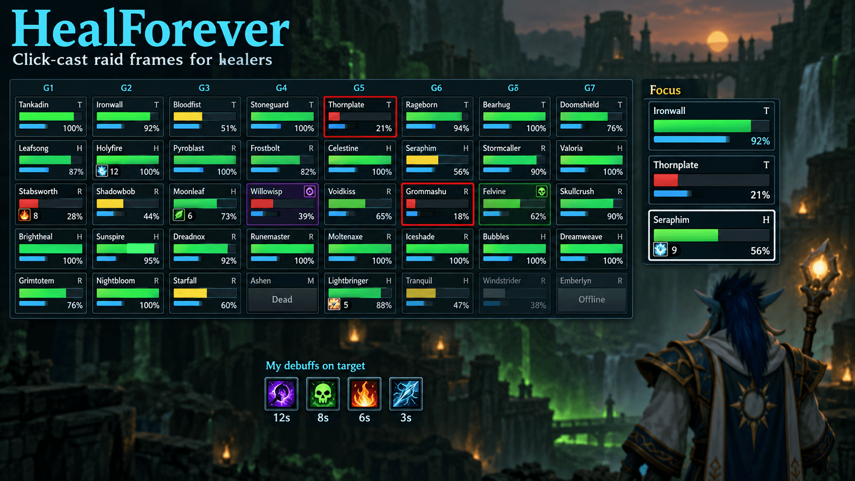 Concept art of HealForever in a 40-player raid: health-coloured bars, threat borders, HoT timers, dispel tints, the Focus group and your own debuffs on your target. Illustration, not an in-game capture.