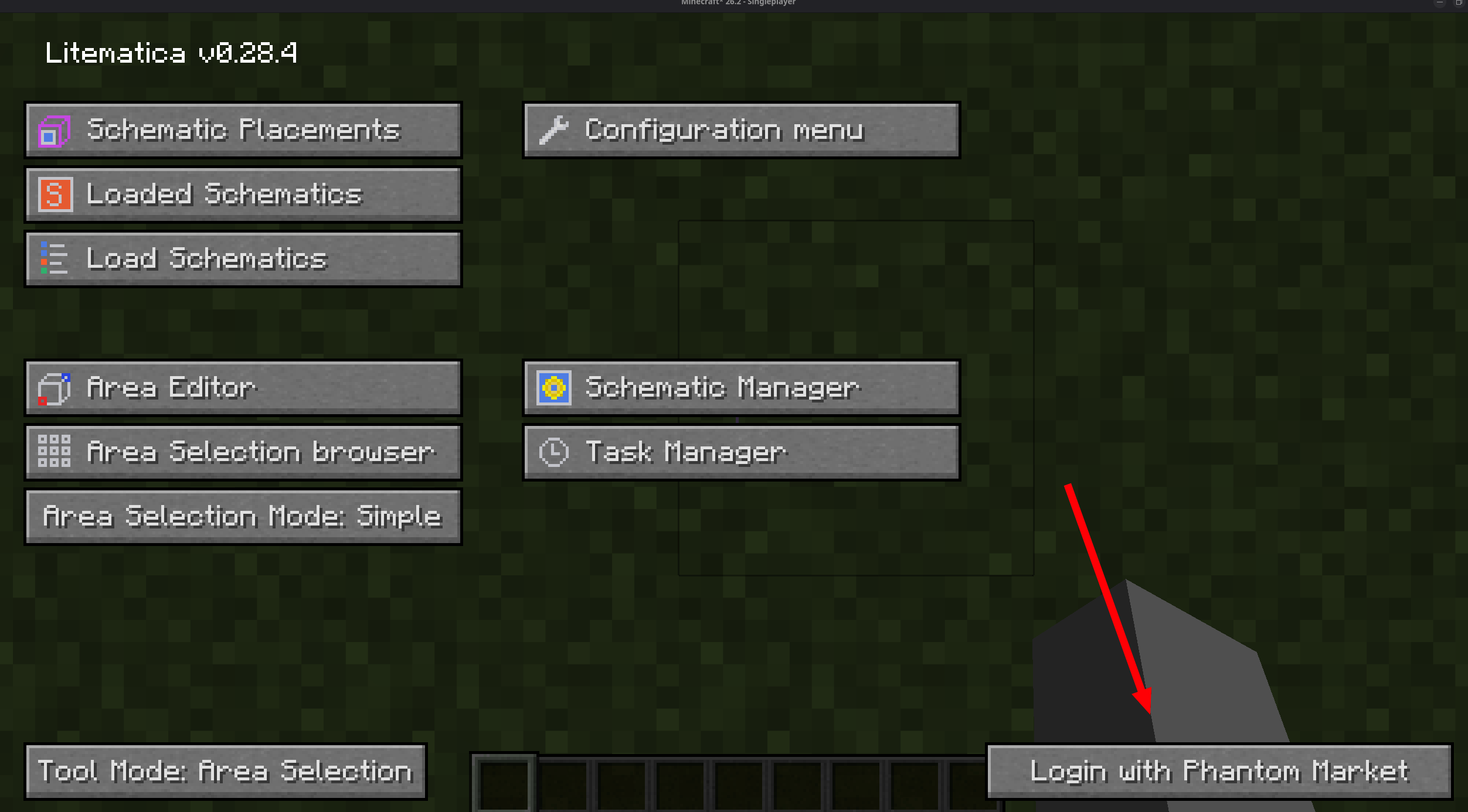 button in Litematica's main menu connects the mod to your PhantomMarket account.