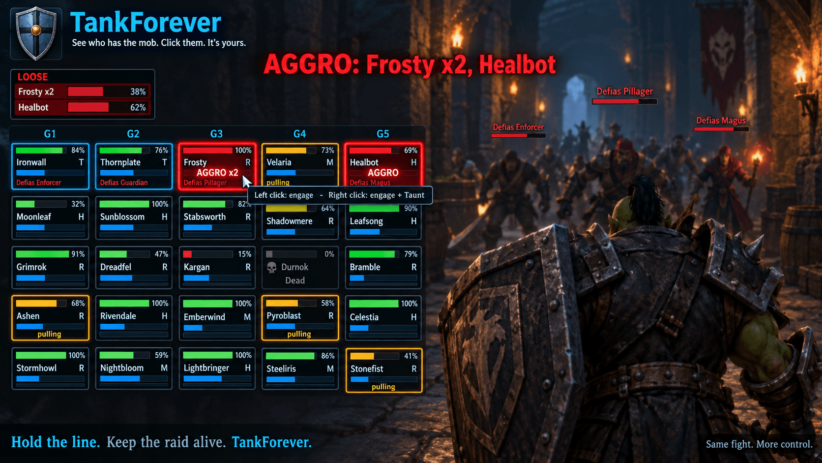 Concept art of TankForever in a raid: the AGGRO alarm, LOOSE / pulling / holding borders, a threat meter on every frame, the Loose list and click-to-engage. Illustration, not an in-game capture.